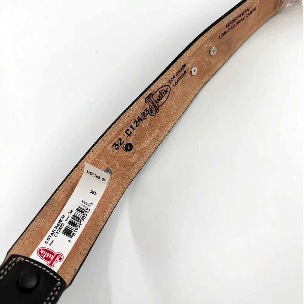 Justin Men's Black Floral 5 Star Ranch Tooled Western Belt Size 32